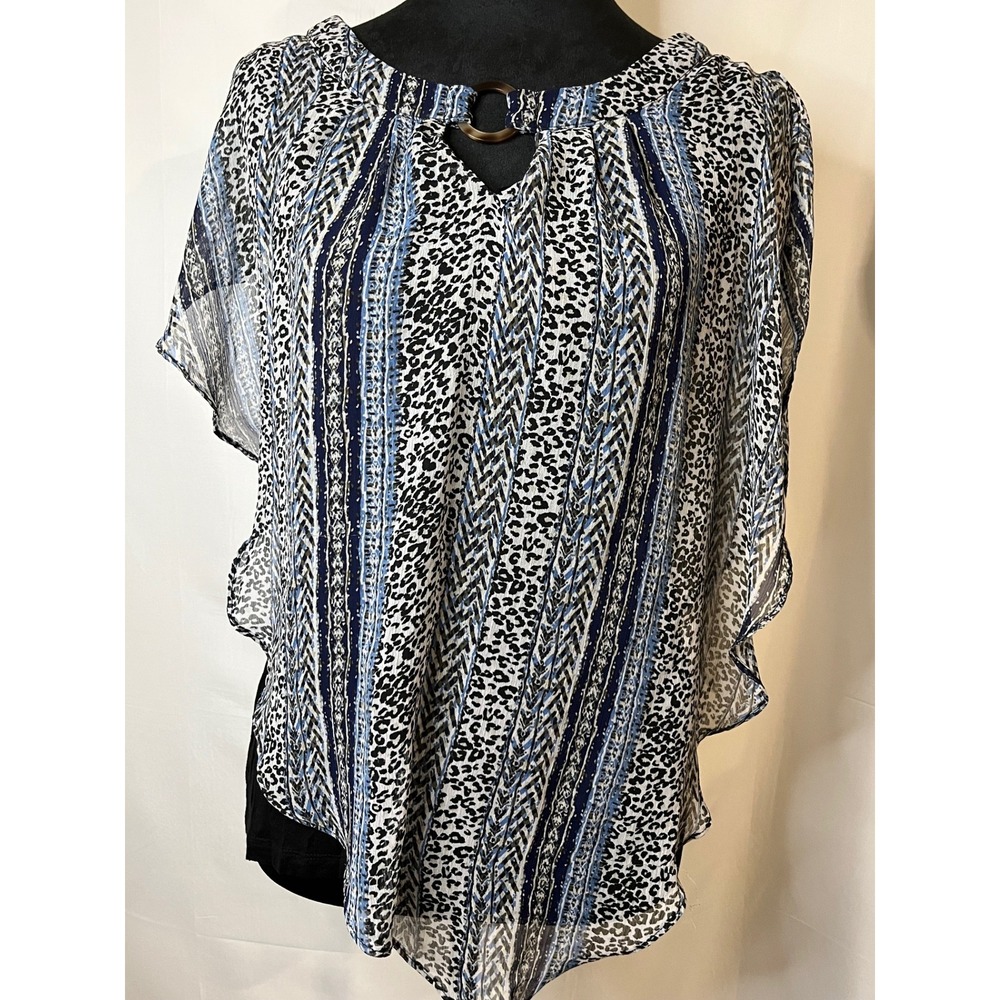 APT. 9 Animal Print Poncho Top Keyhole Neckline Flowy Blue White S